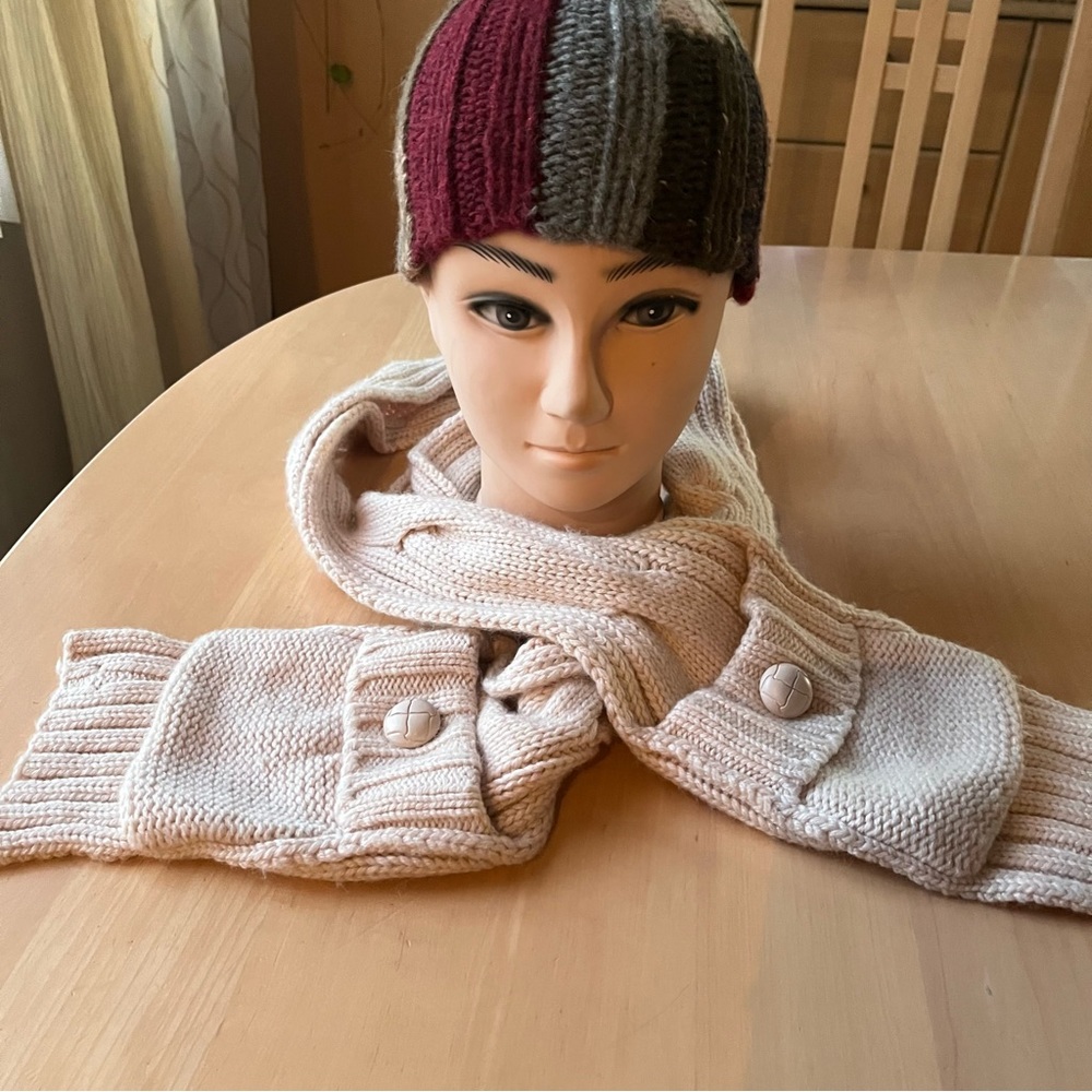 Moda International winter scarf mittens pockets & handmade multicolor stripe hat
